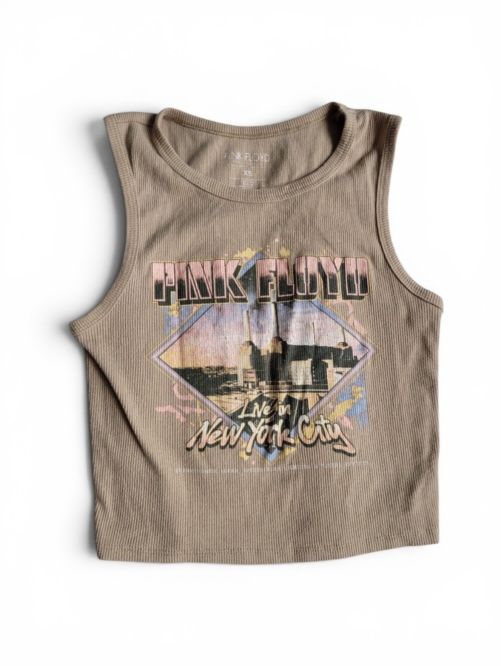 Pink Floyd Live In New York City  Graphic Ribbed Crop Tank Top Taupe XS